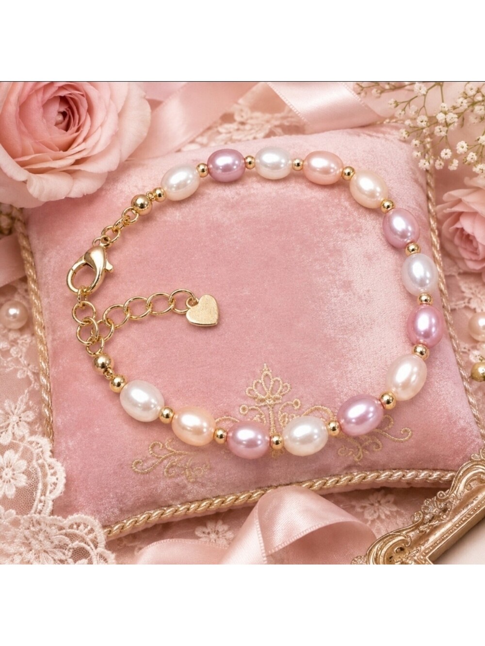 Pearl Bracelet Gold Tone Heart CharmCoquette Valentine Heart Love Wedding Pink